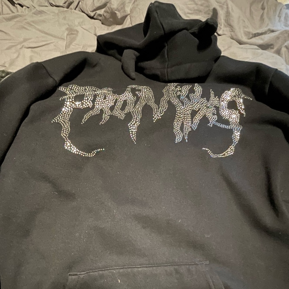 ANDROGYNOUS BLACK BEDAZZLED “PROMISES” HORNED HOODIE
